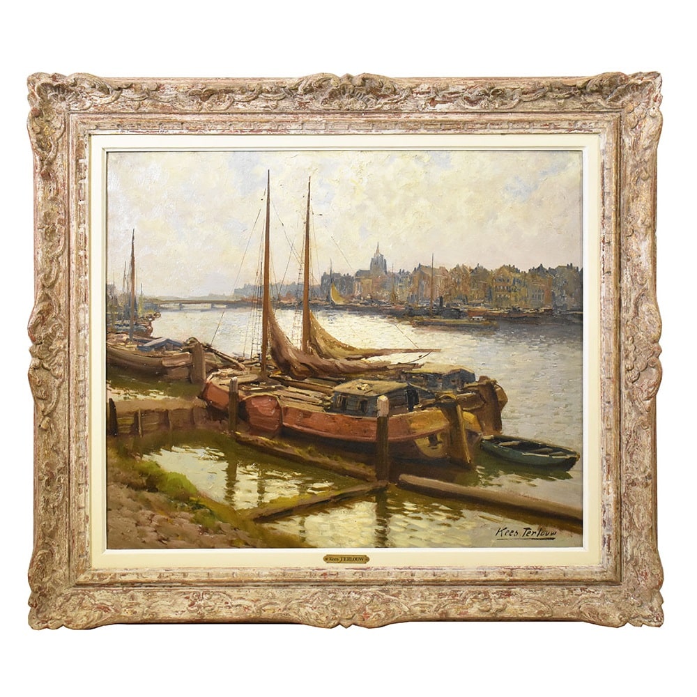 QM467 1a antique painting art deco boat port seascape painting xx.jpg